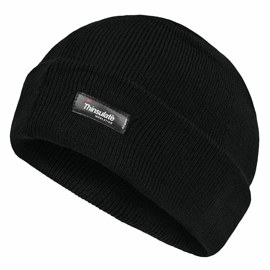 Regatta Professional RG294 black knit beanie featuring a folded brim and prominently displaying a Thinsulate label on the front.