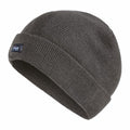 The RG294 from Regatta Professional is a dark grey knitted beanie featuring a rolled-up brim. A small rectangular label adorns the edge of the brim, and the beanie's soft and warm texture makes it ideal for cold weather.