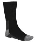 A black crew sock with grey heel and toe accents, featuring a ribbed texture along the leg and foot. Displayed against a white background. Product Name: Socks.