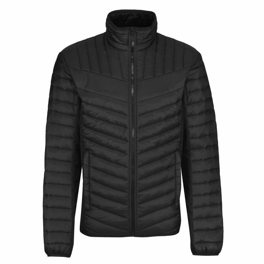 The RG319 by Regatta Professional is a black puffer jacket with a front zipper and a high collar, showcasing horizontal and diagonal quilted patterns.