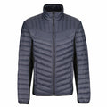 Introducing the RG319 from Regatta Professional: a dark gray puffer jacket designed with a high collar and zip closure, showcasing horizontal and diagonal quilted patterns.