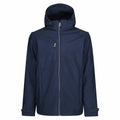 RG320 by Regatta Professional is a navy blue hooded jacket featuring a front zipper and two side pockets, showcased against a white background.
