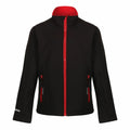 Regatta Junior's RG332 jacket in black features a red zipper and lining, complete with a stand-up collar and zippered pockets.