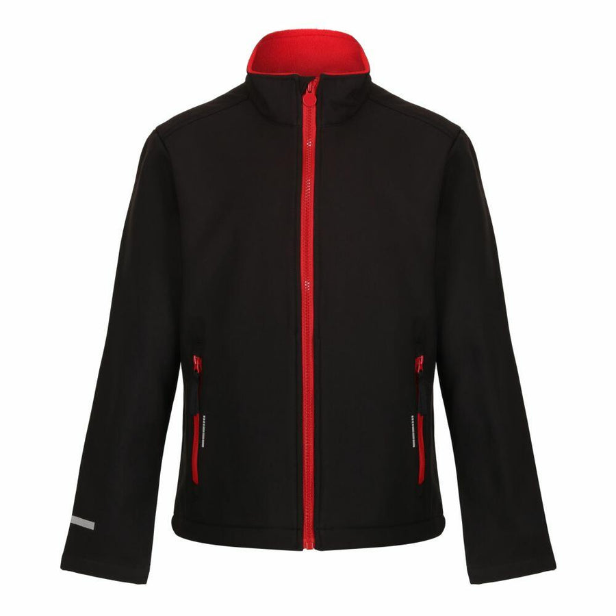 Regatta Junior's RG332 jacket in black features a red zipper and lining, complete with a stand-up collar and zippered pockets.