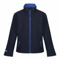 Introducing the RG332 from Regatta Junior: a navy blue softshell jacket designed with a tall collar and front zipper. It boasts blue accents on the zipper and pockets, along with a reflective strip on one sleeve for added visibility.