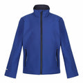 Introducing the Regatta Junior RG332, a stylish blue jacket featuring a high collar and a full front zipper. This sleek design boasts two zippered pockets conveniently placed near the waist, making it ideal for both casual outings and athletic activities.