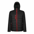 The RG338 by Regatta Professional is a black puffer jacket with a hood, featuring red zippers and a zippered chest pocket.
