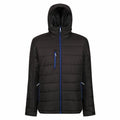 RG338 by Regatta Professional: A black puffer jacket featuring blue zippers and a hood, showcased from the front.