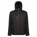 RG338 by Regatta Professional is a black puffer jacket featuring a hood, zippered front, chest pocket, and side pockets.
