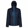 Introducing the RG338 by Regatta Professional: a sleek black puffer jacket designed with a hood and striking bright blue zippers on the front. It features two convenient side pockets and is showcased against a minimalist white backdrop.