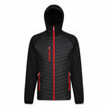 The RG339 jacket from Regatta Professional is a black hooded design with red zippers. It features a front zipper, two side pockets, and a chest pocket. The torso showcases a quilted texture, while the sleeves are plain.