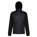 Regatta Professional RG339 jacket in black featuring quilted design, blue zipper accents, and a hood, showcased against a white background.