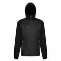 The Regatta Professional RG339 features a black hooded jacket with a quilted front panel, a zippered chest pocket, and a full-length zipper, displayed from the front.