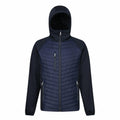 Introducing the RG339 from Regatta Professional, a jacket in navy blue and black featuring a quilted front panel, full zip closure, and a hood. The design includes zippered pockets along with contrasting black sleeves and shoulder panels for a sleek, modern look.