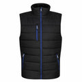 Product Name: RG340 by Regatta Professional; a black puffer vest with blue zippers, featuring two side pockets and one chest pocket.