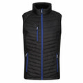 The RG341, a black quilted vest from Regatta Professional, features blue zippers and includes three pockets: one on the chest and two at the waist.