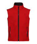 The Gilets & Body Warmers features a red sleeveless design with a high collar, black front zip, and two side zipped pockets, shown against a white background.