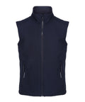 The Gilets & Body Warmers product is a navy blue sleeveless waistcoat featuring a front zip, two zipped side pockets, and a stand-up collar, shown against a white background.