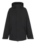 Jackets: Black hooded jacket with front zip and press-stud fastening, two angled side pockets, and adjustable cuffs. Simple, unadorned design perfect for casual or outdoor wear.