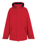 A red Jackets hoodie with a front zip, two side pockets, adjustable cuffs, and a high collar is displayed against a white background.