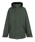 The Jackets product is a dark green hooded jacket featuring a front zip with flap fastening, two side flap pockets, and adjustable cuffs, shown against a plain white background.