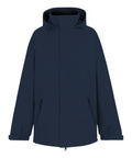A Jackets product in navy blue featuring a hood, front zip with press-stud fastening, two angled side pockets, and adjustable cuffs is shown against a plain white background.