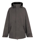 A front view of a plain, dark grey jacket with a hood, long sleeves, concealed front zip, two angled flap pockets, and adjustable cuffs is displayed on a white background.