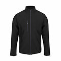 The RG350 by Regatta Honestly Made is a black jacket featuring a high collar, zipper closure, and a chest pocket with a vertical zipper.