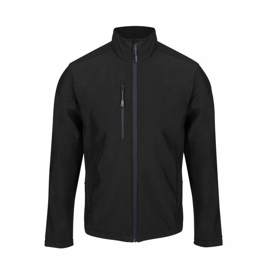 The RG350 by Regatta Honestly Made is a black jacket featuring a high collar, zipper closure, and a chest pocket with a vertical zipper.