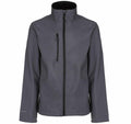 Introducing the RG350 from Regatta Honestly Made: This gray softshell jacket boasts a high collar and front zipper. It includes a zippered chest pocket and two side pockets, complemented by long sleeves and a sleek design ideal for outdoor endeavors.