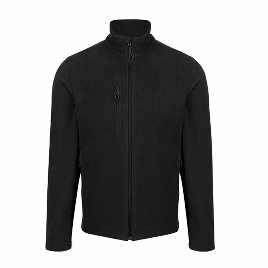 The RG352 by Regatta Honestly Made is a black zip-up fleece jacket featuring a high collar and three zipper pockets, showcased on a plain background.