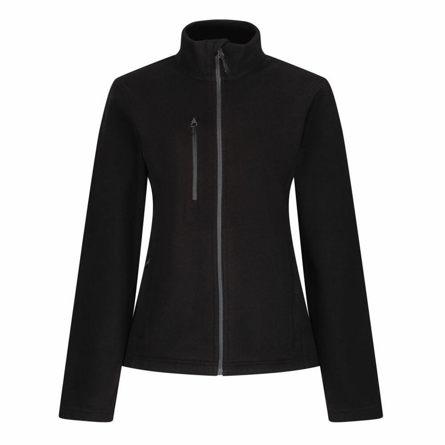 Introducing the RG361 by Regatta Honestly Made: a stylish black zip-up fleece jacket with a high collar and long sleeves. It features a convenient zippered chest pocket and side pockets for added functionality.