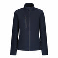 The RG361 by Regatta Honestly Made is a navy blue fleece jacket featuring a high collar and front zipper, complemented by a zippered chest pocket and long sleeves.