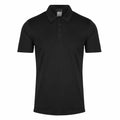 RG363 by Regatta Honestly Made, a black short-sleeve polo shirt with a collar and buttoned placket, showcased on a simple background.