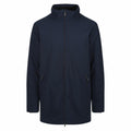 The Regatta Professional RG364 jacket features a dark blue color, long sleeves, a high collar, and a zippered front. It also includes two side pockets with zippers for added functionality.
