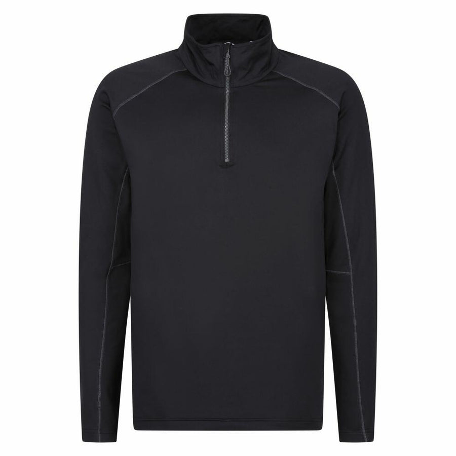 The RG365 by Regatta Professional is a black long-sleeve pullover with a quarter-zip and high collar, featuring subtle seam detailing.