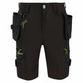Regatta Professional's RG366 work shorts in black, featuring multiple pockets and green zipper accents.