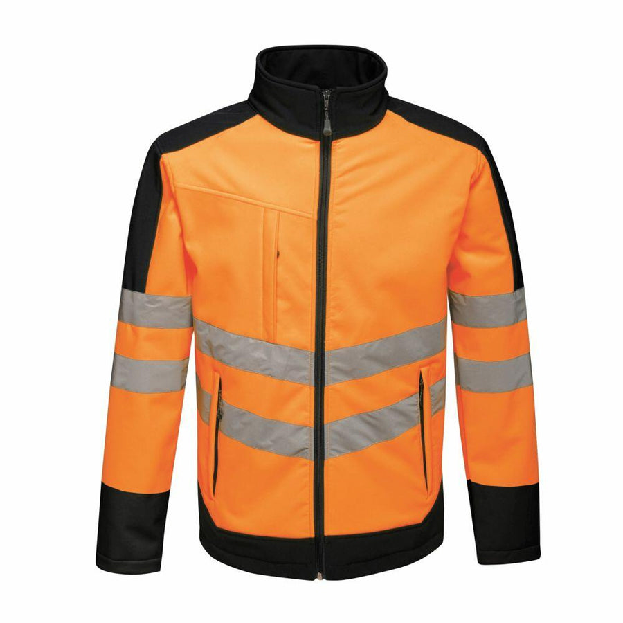 Front view of the Regatta High Visibility RG382 jacket in orange, featuring reflective grey stripes and black accents on both shoulders and cuffs.