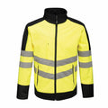 Introducing the RG382, a high-visibility jacket from Regatta High Visibility, designed in yellow and black with reflective stripes. It features a front zipper and includes two pockets for convenience.