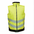 The RG383 by Regatta High Visibility is a fluorescent yellow safety vest featuring reflective silver stripes and a convenient zipper front.