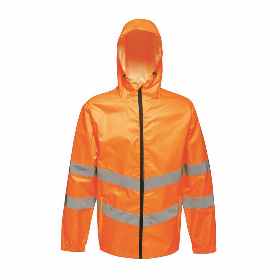 RG385 rain jacket by Regatta High Visibility, featuring a vibrant orange color with reflective gray stripes and a hood, displayed from the front.