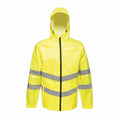 RG385 by Regatta High Visibility: A yellow rain jacket featuring a hood and reflective gray stripes on the sleeves and torso.