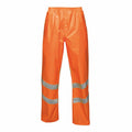 The RG386 by Regatta High Visibility are bright orange high-visibility trousers featuring reflective stripes near the knees and an elastic waistband.