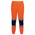 The Regatta High Visibility RG459 features orange safety pants with reflective silver and black bands around the knees, along with an elastic waistband and cuffs.