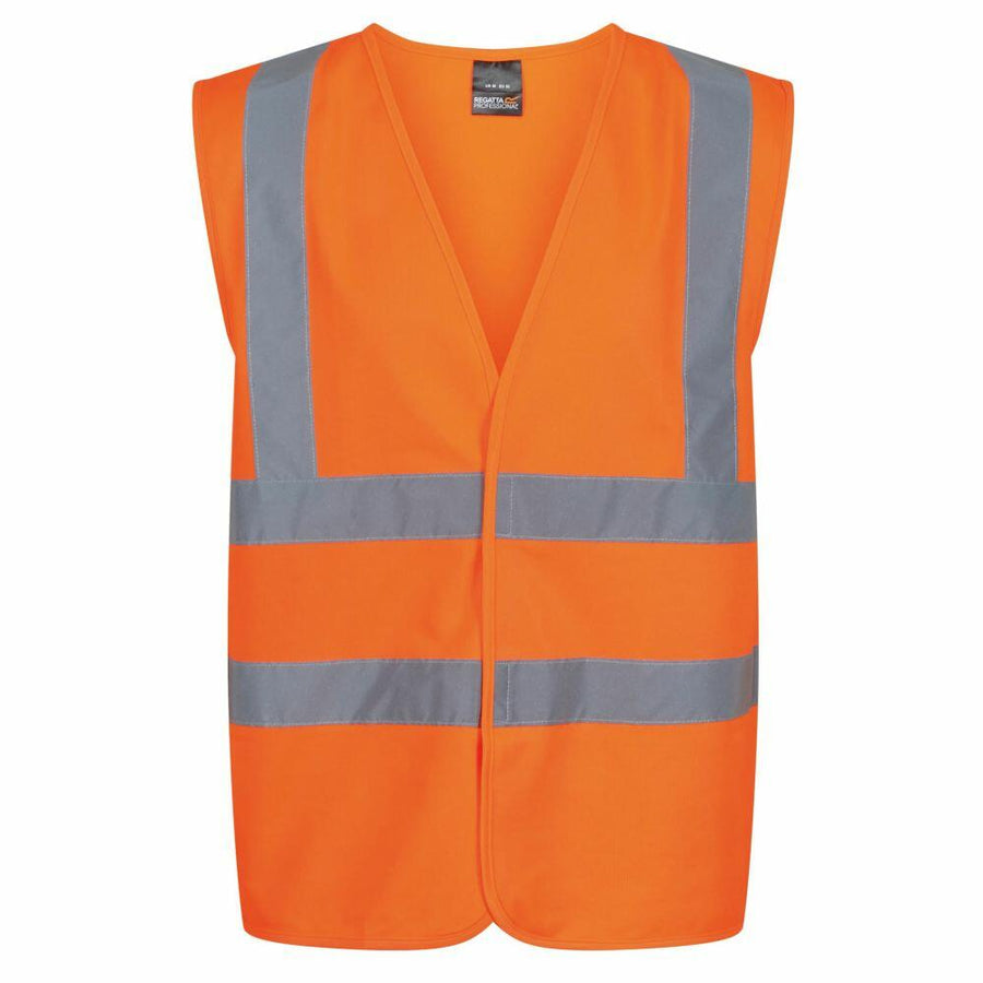 The Regatta High Visibility RG465 is a bright orange safety vest featuring reflective gray stripes, designed to enhance visibility and ensure safety. This sleeveless vest has a convenient front opening.