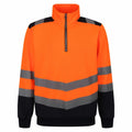 The RG466 by Regatta High Visibility is a pullover in bright orange, featuring a zippered collar and reflective gray-striped bands.