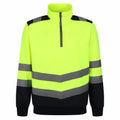 The RG466 by Regatta High Visibility is a high-visibility pullover in yellow and black, featuring a half-zip front and reflective gray stripes across the chest and arms.