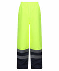 Regatta High Visibility RG468 rain pants in bright yellow, featuring reflective stripes on the lower legs.
