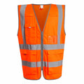 Regatta High Visibility's product, the RG469, is a bright orange safety vest featuring silver reflective stripes and multiple pockets, displayed on a white background.