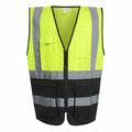 The RG469 safety vest by Regatta High Visibility features reflective gray stripes and black pockets, displayed against a white background.
